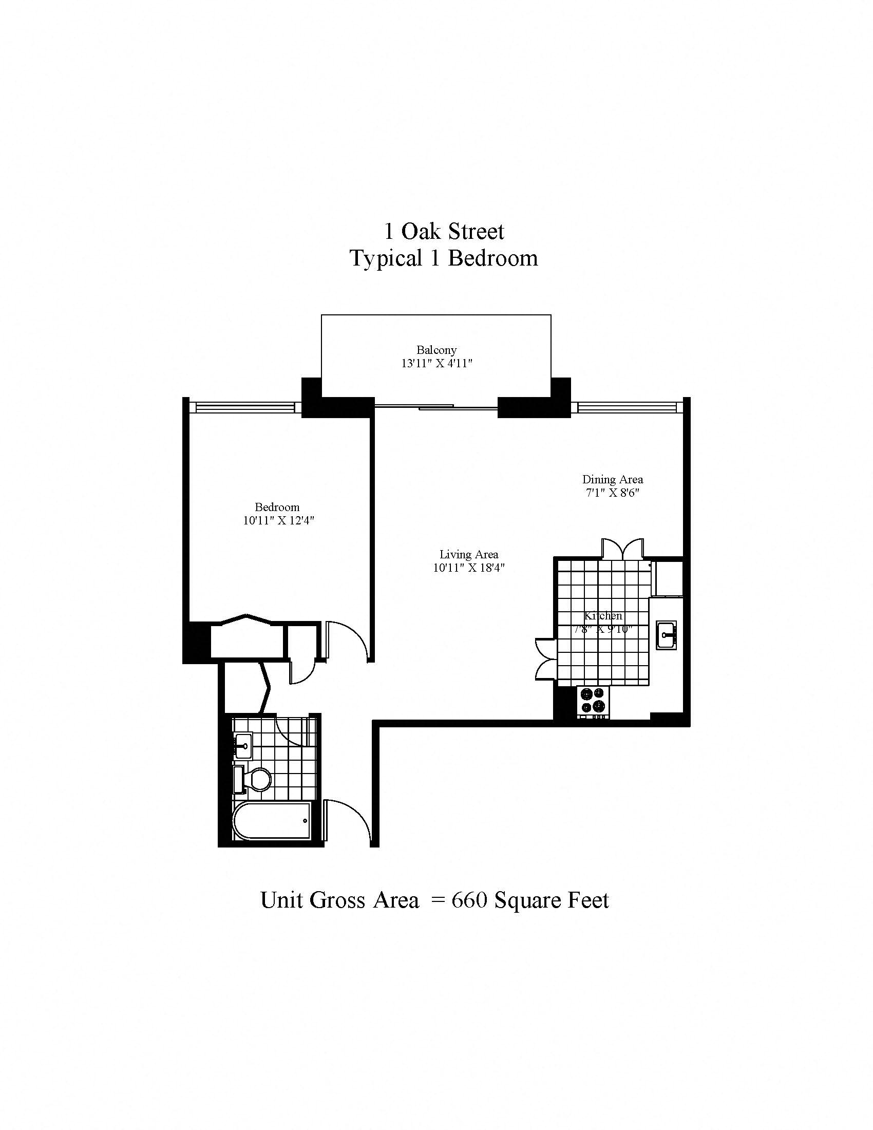 Floor plan for 1 bed, 1 bath, 660 sqft